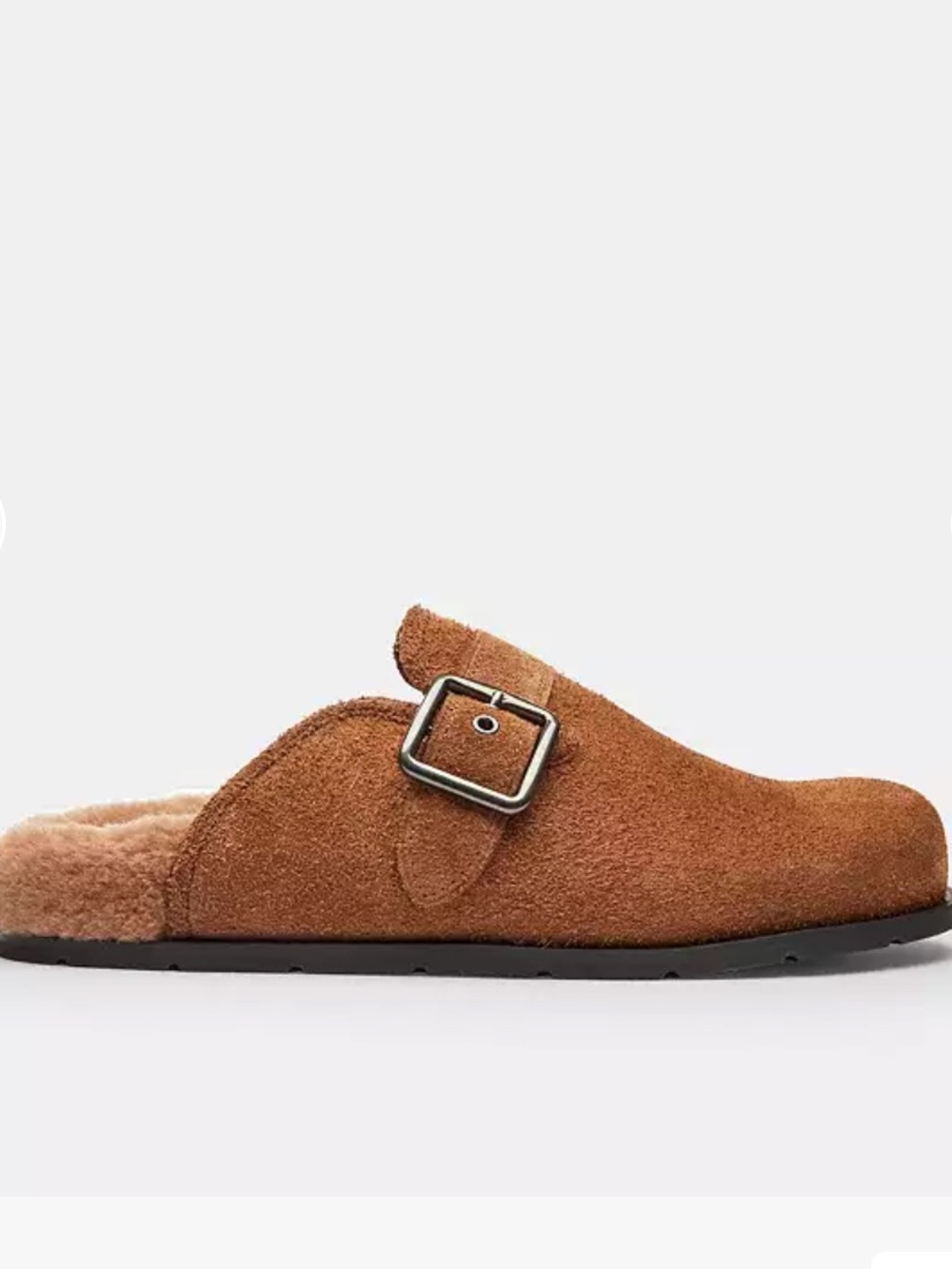 Coach Buckle Fur Lined Clog in Tan Brown w Silver Hardware